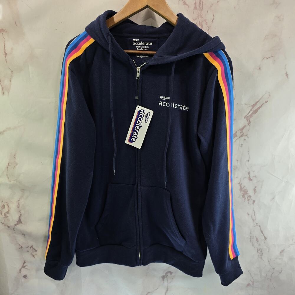 Amazon Hoodie Size Medium Blue Sweatshirt Zip Accelerate Fleece Rainbow Swag NEW